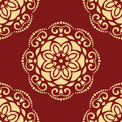 Floral vector ornament. Seamless abstract classic red and golden background with flowers. Pattern with repeating floral elements
