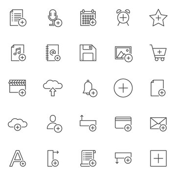 Add objects outline icons set. linear style symbols collection, line signs pack. vector graphics. Set includes icons as add list, microphone, calendar , favorites, music, address book, floppy disk