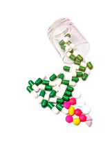 Pills and capsules on white background, Pharmacy concept