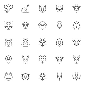 Animals heads outline icons set. linear style symbols collection, line signs pack. vector graphics. Set includes icons as elephant head, snail, pig, owl, giraffe, boar, sheep, monkey, snake walrus