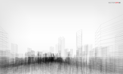 Perspective 3D render of building wireframe. Vector wireframe city background.