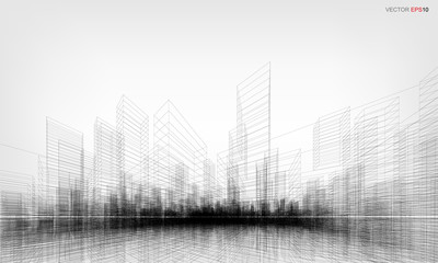 Perspective 3D render of building wireframe. Vector wireframe city background. - obrazy, fototapety, plakaty