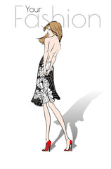 Your fashion. Stylish fashion models. Fashion girls Sketch. A girl in a black dress with a floral pattern.
