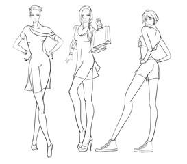Stylish fashion models. Pretty young girls. Fashion girls Sketch