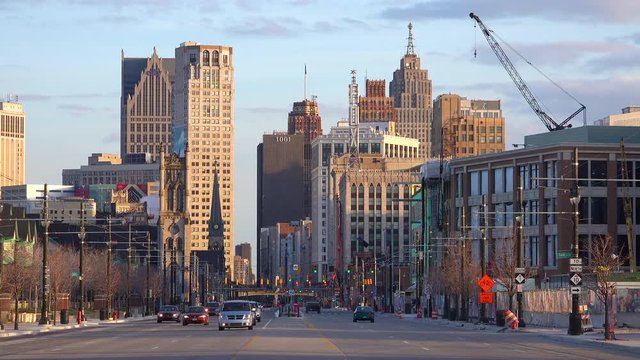 Nice shot looking down a broad boulevard at downtown Detroit, Michigan.