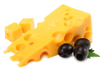 piece of cheese with olives isolated on white background