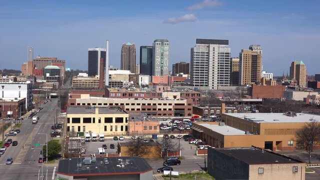 Establishing shot of the skyline of downtown Birmingham, Alabama.