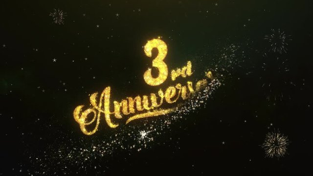 3rd Anniversary Anniversary Text Greeting and Wishes card Made from Glitter Particles and Sparklers Light Dark Night Sky With Colorful Firework 4k Background.