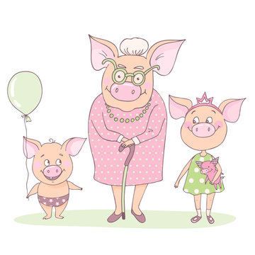 pig grandmother with hergrandchildren