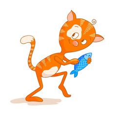 A ginger funny cat holds fish caught