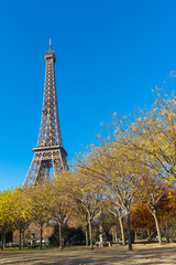 Paris, Eiffel tower behind autumn trees, panorama from the Champ de Mars 
