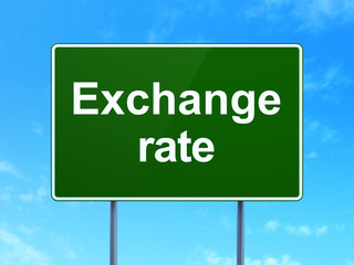 Money concept: Exchange Rate on green road highway sign, clear blue sky background, 3D rendering