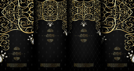 Arabesque abstract islamic element classy black and gold with diamond background card template vector set