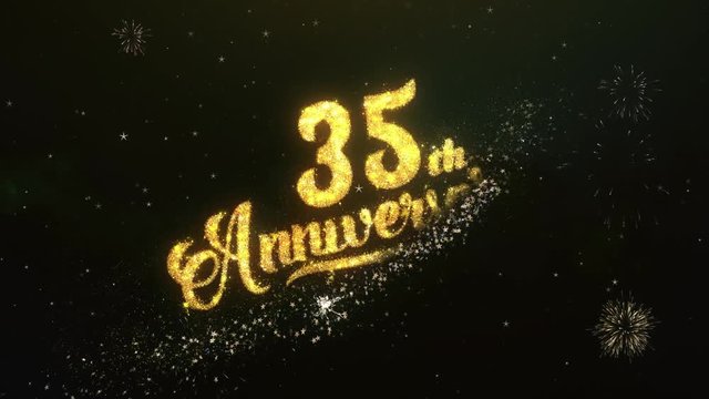 35th Anniversary Text Greeting and Wishes card Made from Glitter Particles and Sparklers Light Dark Night Sky With Colorful Firework 4k Background.