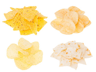 Berr snacks collection - crunchy potato chips, nachos, tortilla in heaps isolated on white background. Fast food template for menu, advertising, cover.