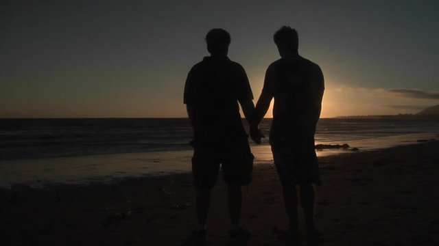 Silhouettes of two men hold hands on a windy beach.