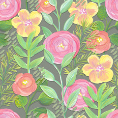 Gouache painted flowers and leaves Bright seamless pattern