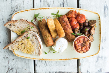 Cooked breakfast with vegetarian food trendy hipster restaurant high end
