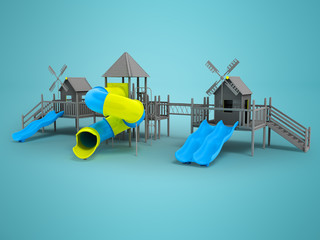 Modern playground for children black and white two blue slides and a yellow insert 3d rendering on a blue background with a shadow