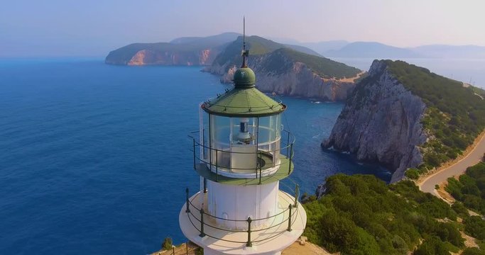 Aerial around the lighthouse at Lefkada, Greece.