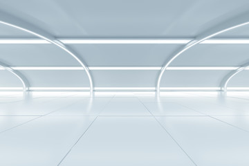 Abstract illuminated empty white corridor interior