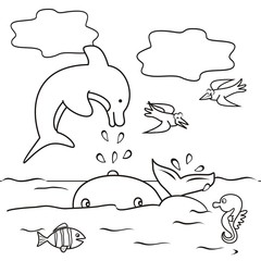 Dolphin, whale, birds, seahorses, and fish in the sea. Coloring page for kids. Vector illustration.