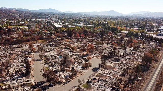 Shocking aerial of devastation from the 2017 Santa Rosa Tubbs fire disaster which destroyed whole neighborhoods.