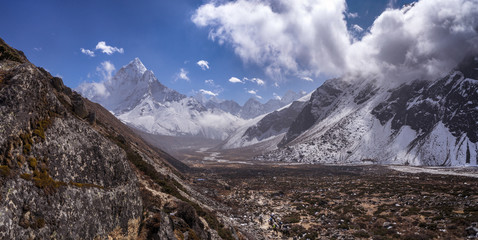 Ama Dablam summit and Pheriche valley in Himalayas