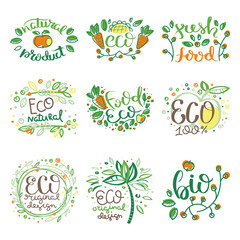 Eco vector organic labels, bio emblems for stickers and restaurants menu, natural products packaging.