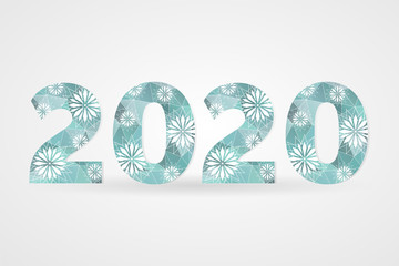 2020 Happy New Year vector illustration. Winter holiday snow symbol for celebration. Decorative polygonal sign with snowflakes. Blue and white geometric decoration