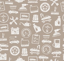 Car repair and maintenance, seamless pattern, gray, white, pencil hatching, vector. The automotive service. Color, flat pattern. Hatching with a white pencil on a gray field. Imitation. 