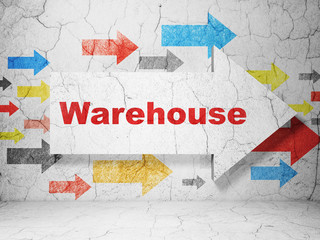 Industry concept:  arrow with Warehouse on grunge textured concrete wall background, 3D rendering