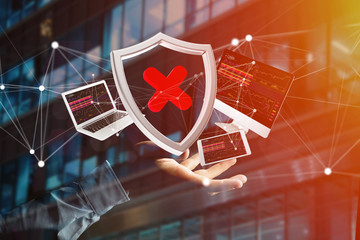 Hacked shield symbol surrounded by devices and network displayed on a futuristic interface