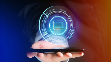 Businessman using a Shinny technologic computer button on a smartphone - 3d render