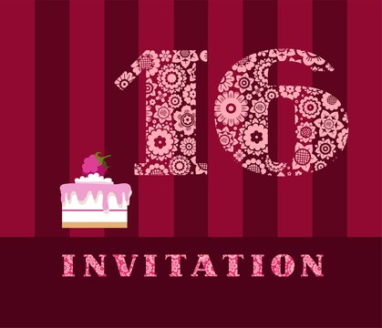 Invitation, 16 years old, cake, color, vector. The invitation to the birthday party. Wedding anniversary. Color card. Cake with raspberries.  
