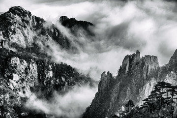 Yellow Mountain or Huangshan mountain Cloud Sea Scenery in Black and White tone, East China`s Anhui Province.