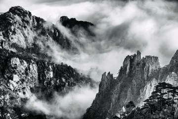 Washable wall murals Huangshan Yellow Mountain or Huangshan mountain Cloud Sea Scenery in Black and White tone, East China`s Anhui Province.