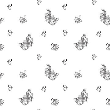 Seamless pattern with birds. Black and white background with swans in the style of oriental mehndi.