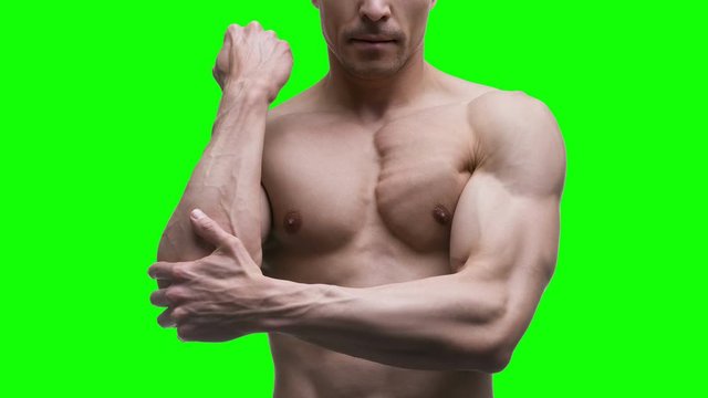 Pain in the elbow, muscular male body on green background, chroma key 4K video