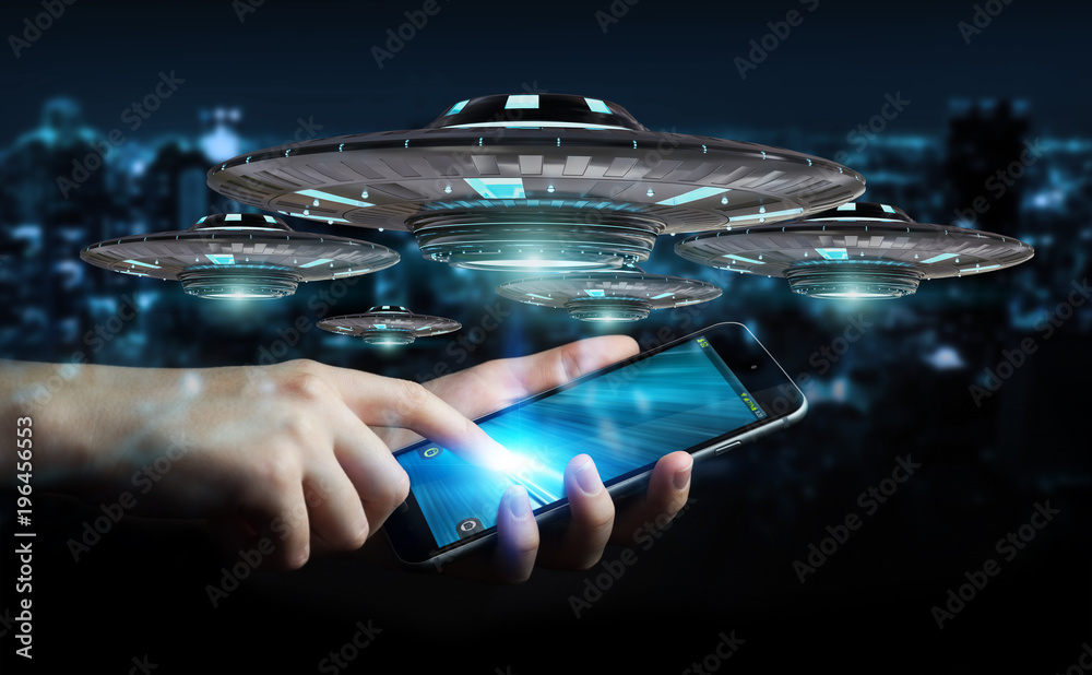 Poster Businessman with retro UFO spaceship 3D rendering