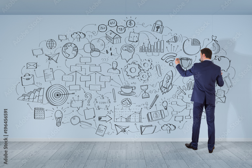 Poster businessman drawing a project sketch on a wall 3d rendering