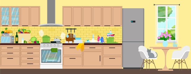Clean kitchen interior. The food is prepared, the products are bought, the dishes are washed.Vector flat illustration.