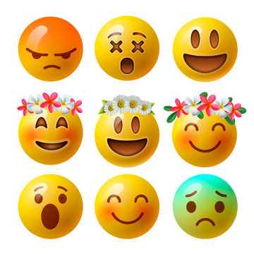 Smiley face emoji or yellow emoticons in glossy 3D realistic isolated in white background, vector illustration.