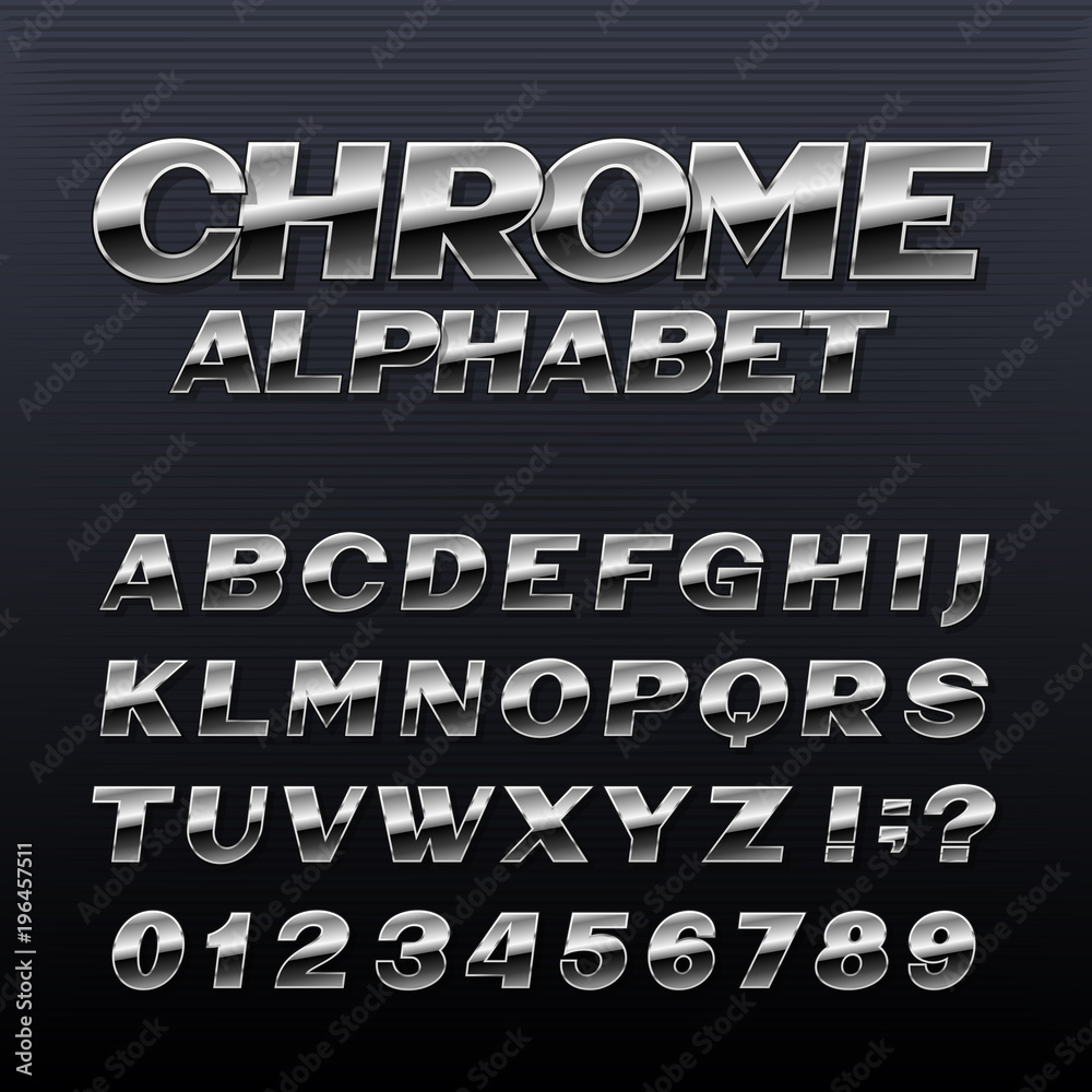 Fototapete chrome effect alphabet font. metal numbers, symbols and letters. stock vector typeface for any typog