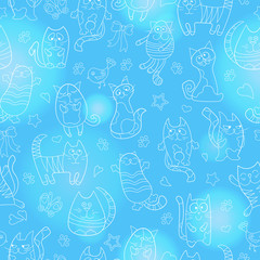 Seamless pattern with contour images cartoon cats , light contour on blue background