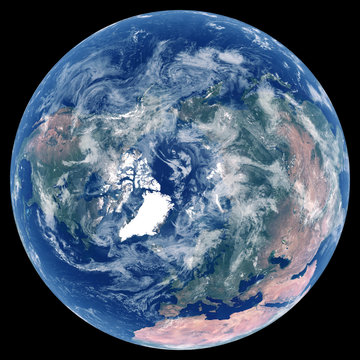 Earth from space. Satellite image of planet Earth. Photo of globe. Isolated physical map of Northern hemisphere (Europe, Asia, North America, North Pole). Elements of this image furnished by NASA.