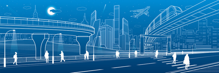 Monorail bridge across the highway. Road overpass. Urban infrastructure, modern city on background, industrial architecture. People walking. White lines illustration, night scene, vector design art 