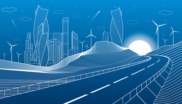 Highway in mountains. Tower and skyscrapers, modern city, business buildings. Night scene. White lines on blue background. Windmills power. Vector design art