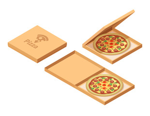 Pizza cardboard boxes set. Isometric view. Opened and closed package. Vector illustration isolated on white background.
