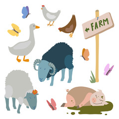 Farm animals and sign post isolated on white background.
